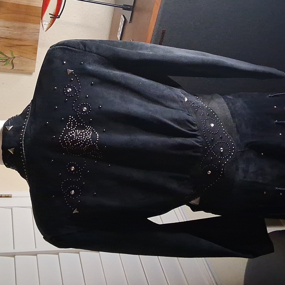 🖤🤠Augustina Vintage Western Blk Leather Jacket W/Wrap Around Fringe Skirt M-L - Picture 5 of 10